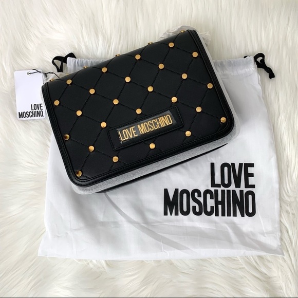 LOVE Moschino Borsa PU Nero Vegan Leather Studded Black Crossbody Bag NWT - Picture 4 of 15